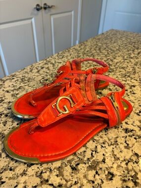 Guess Bright Orange Leather T-Strap Sandals with Gold G Hardware